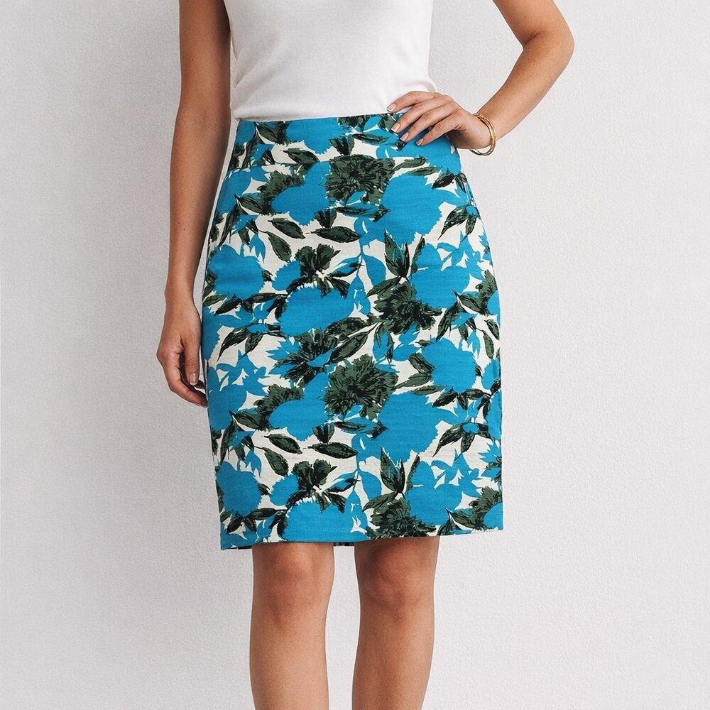 J.Crew Floral Pencil Skirt 6P Petite Blue Green Knee Length Office Work